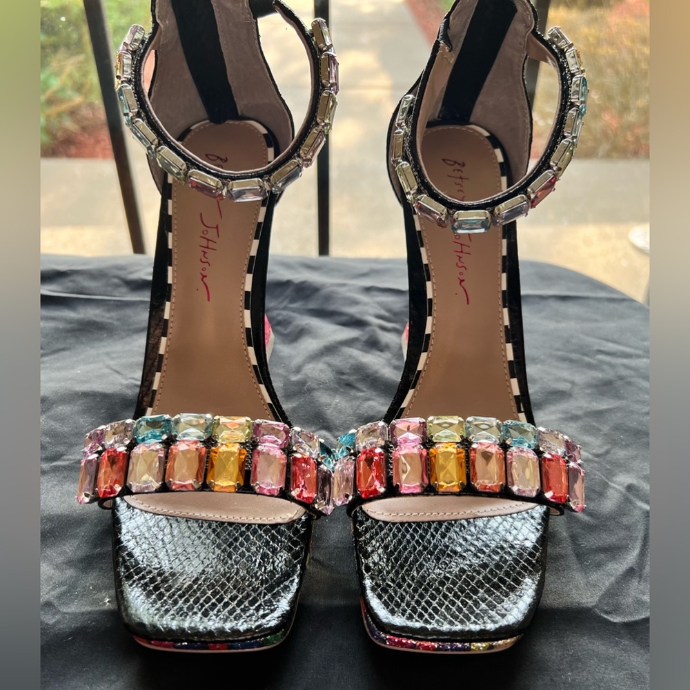 BETSY JOHNSON—multi colored rhinestone heels